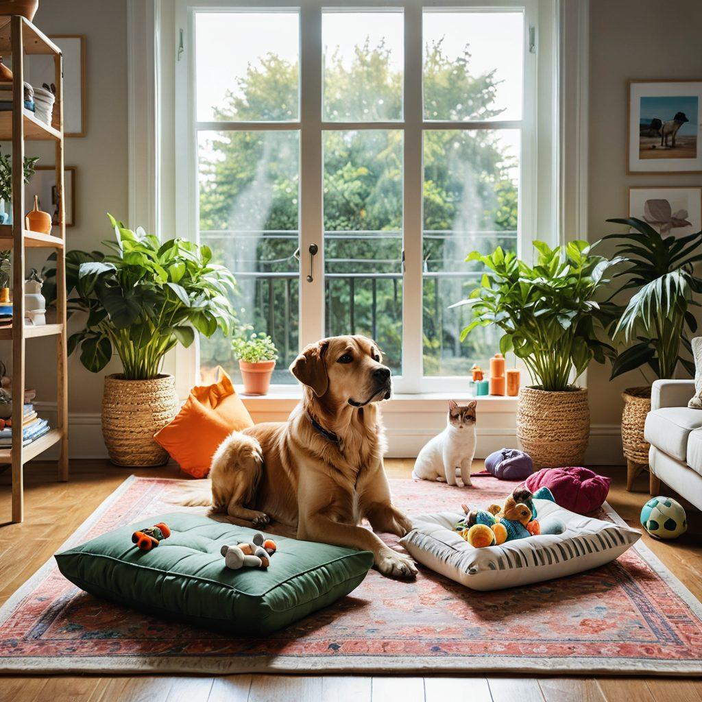 A cozy living room scene with a happy dog and cat sitting together, surrounded by vibrant pet care items like toys, bowls, and a first aid kit. Include a warm, inviting atmosphere with sunlight streaming through a window and a few plants in the background. Emphasize the joy and well-being of the pets as they play and relax together. super-realistic. vibrant colors. natural lighting.