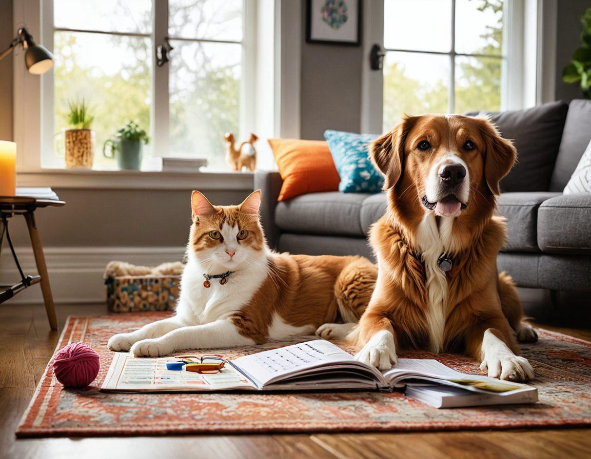 A cozy living room scene featuring a happy dog and cat lounging together, next to a calendar marked with important pet insurance dates. Include a family reviewing pet insurance documents with a laptop open, showing charts of premiums and claims. Soft sunlight streams through the window highlighting playful pet toys scattered around. Emphasize warmth and care for pets. super-realistic. vibrant colors. warm lighting.
