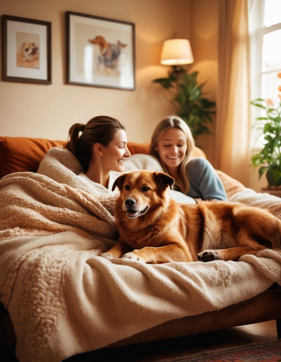 A heartfelt scene featuring a happy family snuggling their furry friends—a dog and a cat—inside a cozy living room, with insurance documents and a computer displaying pet insurance websites on a table nearby. Warm lighting, soft textures, and subtle heart motifs in the background to symbolize love and coverage. super-realistic. vibrant colors. soft-focus background.